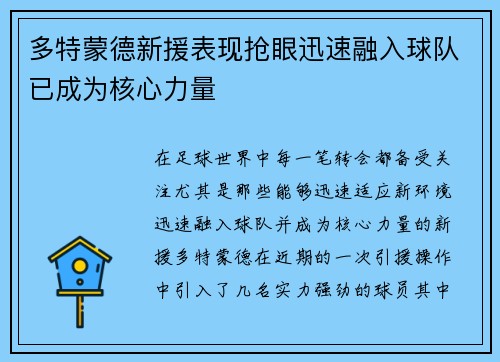 多特蒙德新援表现抢眼迅速融入球队已成为核心力量