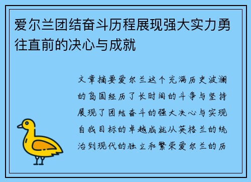 爱尔兰团结奋斗历程展现强大实力勇往直前的决心与成就