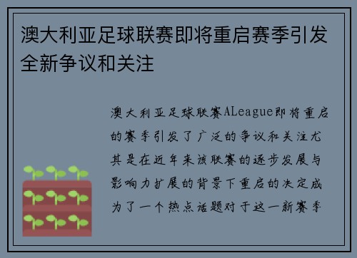 澳大利亚足球联赛即将重启赛季引发全新争议和关注