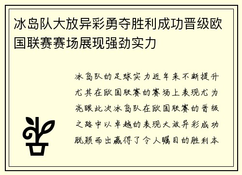 冰岛队大放异彩勇夺胜利成功晋级欧国联赛赛场展现强劲实力